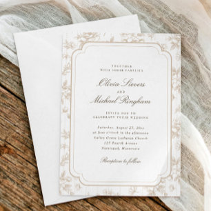 Convite Casamento Floral Toile Francês Bege Vintage