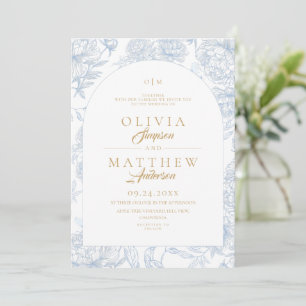 Convite Casamento Floral Toile Francês Pó Azul