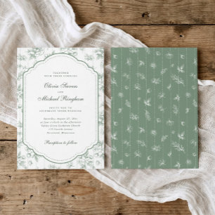 Convite Casamento Floral Toile Francês Verde Salvia Vintag