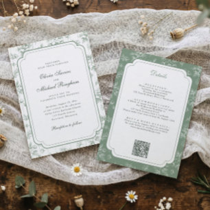 Convite Casamento Floral Toile Francês Vintage em Verde Sa
