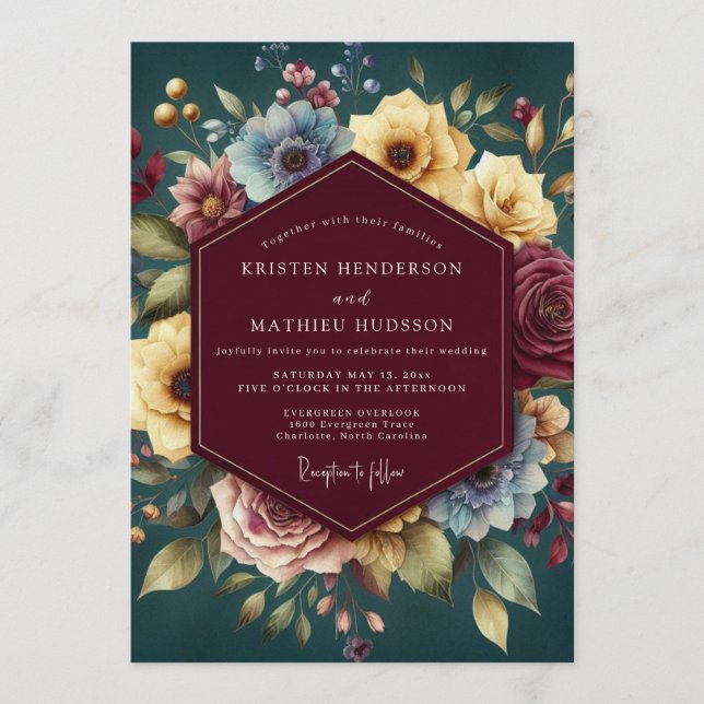 Convite Casamento Floral Tonalidade Jóia Borgonha (Frente)