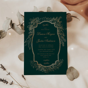 Convite Casamento Floral Tradicional Romântico Dourado