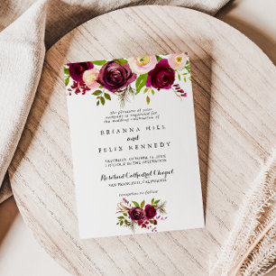 Convite Casamento Floral Tradicional Rustic Blush Burgundy