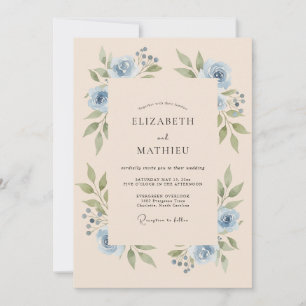 Convite Casamento Floral Tranquilo Azul Empoeirado