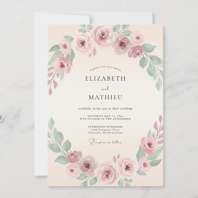 Convite Casamento Floral Tranquilo Rosa Bege (Frente)