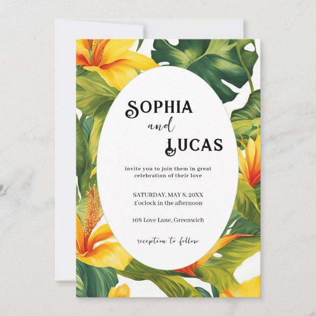 Convite Casamento Floral Tropical Amarelo (Frente)