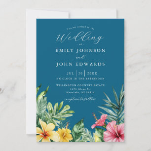 Convite Casamento Floral Tropical Aquarela Azul Oceano