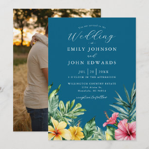Convite Casamento Floral Tropical Azul Oceano Elegante Fot