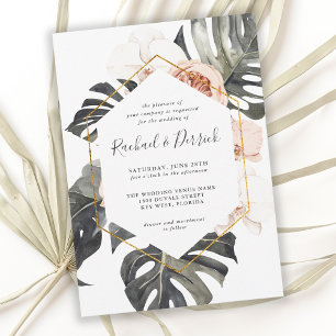 Convite Casamento Floral Tropical Boho com Moldura Geométr