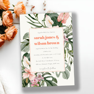 Convite Casamento Floral Tropical Boho Vibrante Bege de Pê