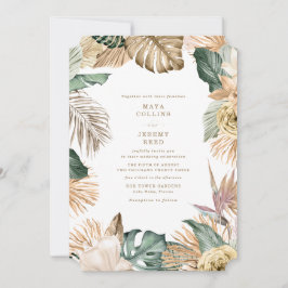 Convite Casamento Floral Tropical Botânico Dourado Rosa