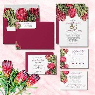 Convite Casamento Floral Tropical Burgundy Rosa Rei Protea