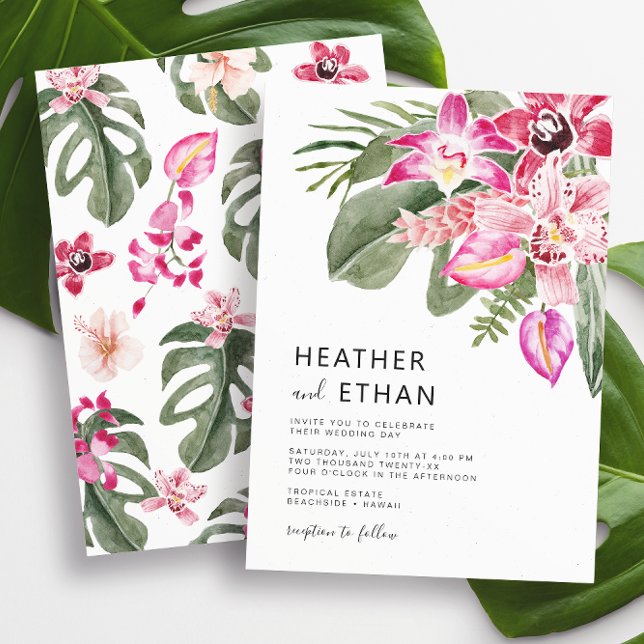 Convite Casamento Floral Tropical Colorido (Colorful Watercolor Tropical Floral Wedding Invitation by Painted Paperie
)
