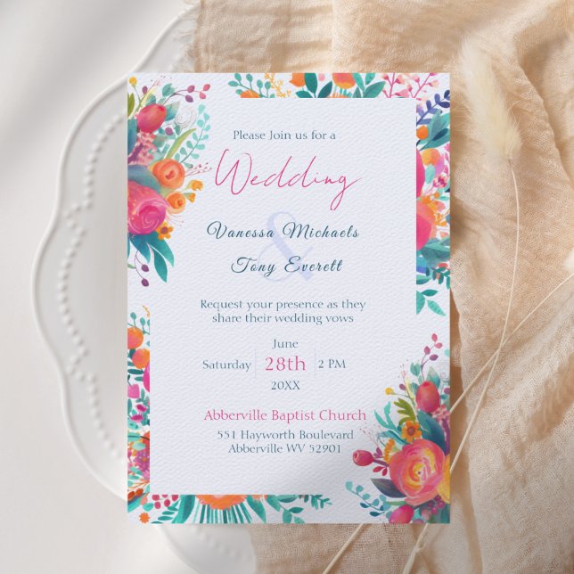 Convite Casamento Floral Tropical com Aquarela Rosa e Lara (Pink Orange and Teal Watercolor Floral Wedding Invitation)