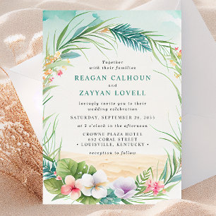 Convite Casamento Floral Tropical de Folhagem de Praia em 