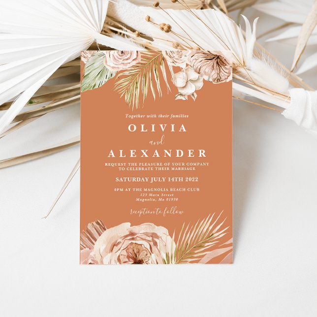 Convite Casamento Floral Tropical e Palma em Terracota Boh (Criador carregado)