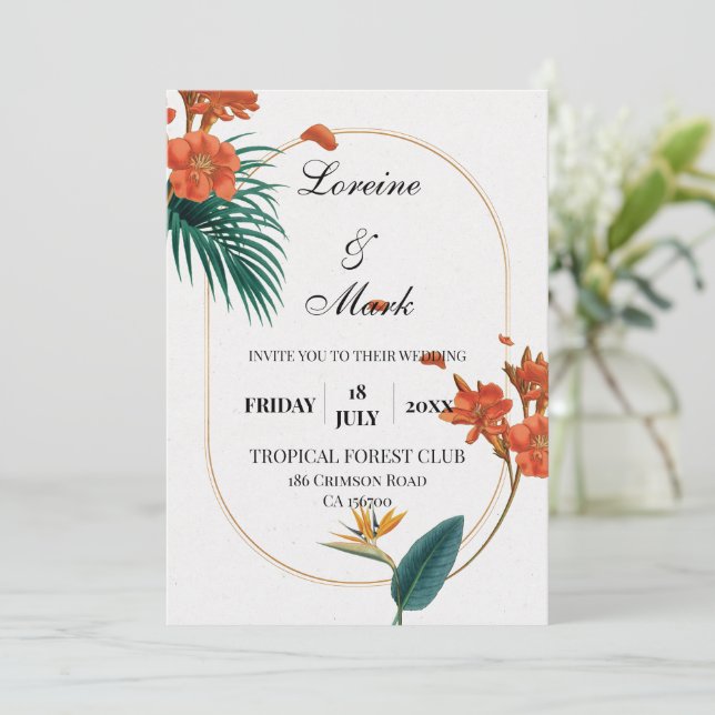 Convite Casamento Floral Tropical Elegante (Em pé/Frente)