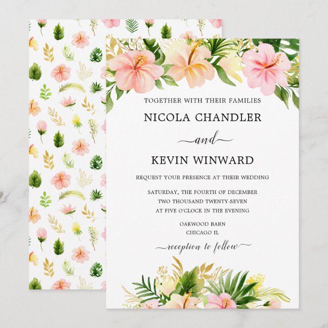 Convite Casamento Floral Tropical Elegante (Frente/Verso)