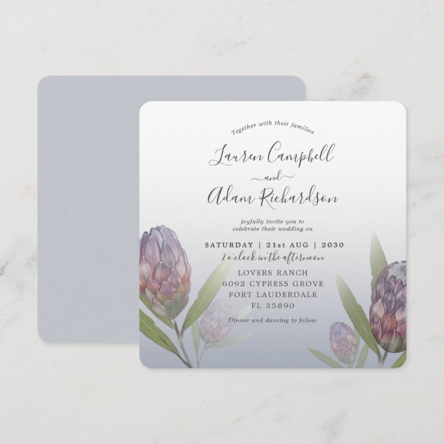 Convite Casamento Floral Tropical em Azul e Roxo Empoeirad (Frente/Verso)