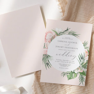 Convite Casamento Floral Tropical em Círculo com Blush em 