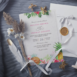 Convite Casamento Floral Tropical Havaiano Código QR Elega