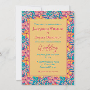 Convite Casamento Floral Tropical Rosa e Amarelo