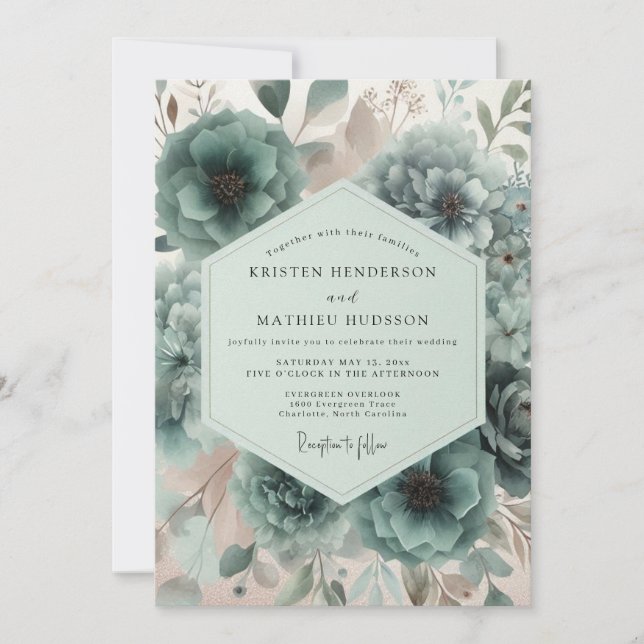 Convite Casamento Floral Turquesa (Frente)