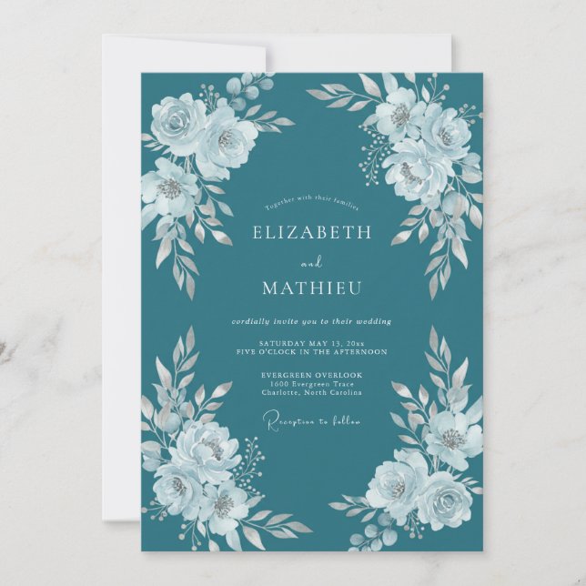 Convite Casamento Floral Turquesa (Frente)
