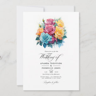 Convite Casamento Floral Turquesa, Amarelo e Rosa