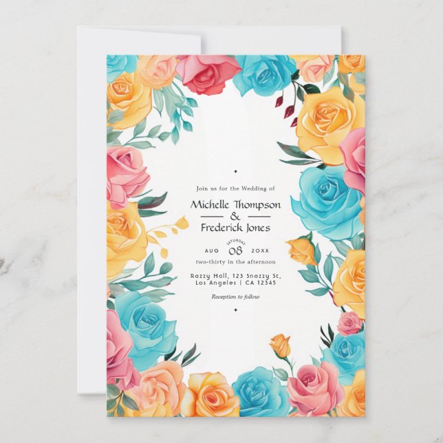 Convite Casamento Floral Turquesa, Amarelo e Rosa (Frente)