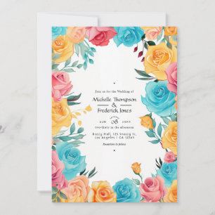 Convite Casamento Floral Turquesa, Amarelo e Rosa