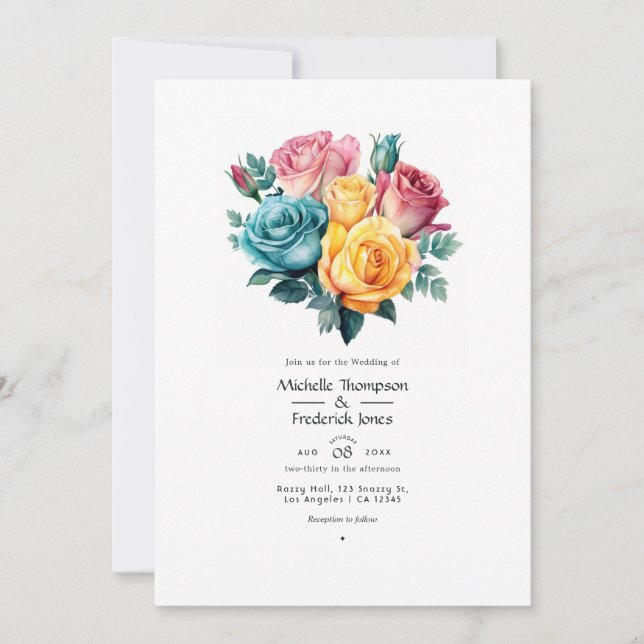 Convite Casamento Floral Turquesa, Amarelo e Rosa (Frente)