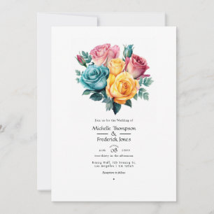 Convite Casamento Floral Turquesa, Amarelo e Rosa