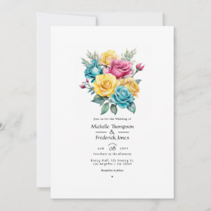Convite Casamento Floral Turquesa, Amarelo e Rosa