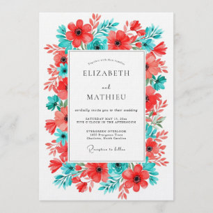 Convite Casamento Floral Turquesa Coral