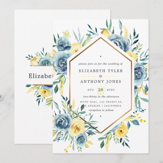 Convite Casamento Floral Turquesa e Amarelo (Frente/Verso)