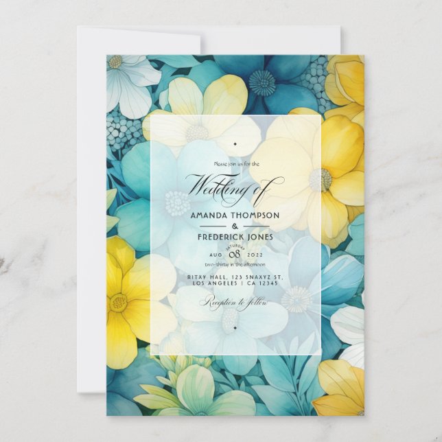 Convite Casamento Floral Turquesa e Amarelo e Cinza (Frente)
