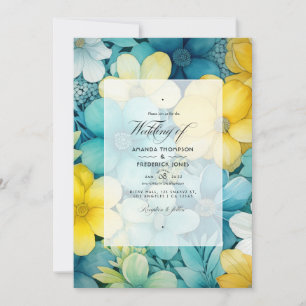 Convite Casamento Floral Turquesa e Amarelo e Cinza