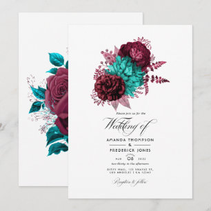 Convite Casamento Floral Turquesa e Borgonha