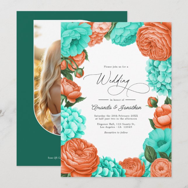Convite Casamento Floral Turquesa e Coral (Frente/Verso)