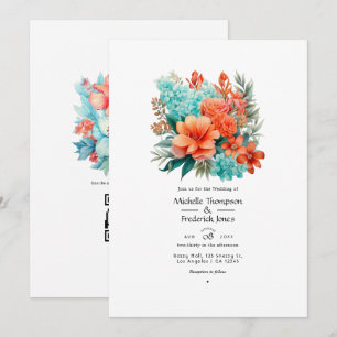 Convite Casamento Floral Turquesa e Coral