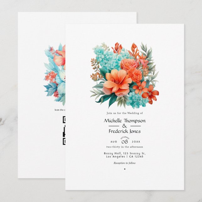 Convite Casamento Floral Turquesa e Coral (Frente/Verso)