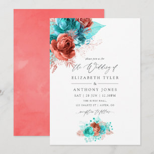 Convite Casamento Floral Turquesa e Coral Vivo
