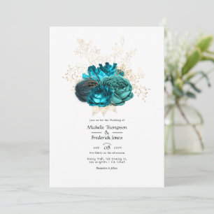 Convite Casamento Floral Turquesa e Dourado