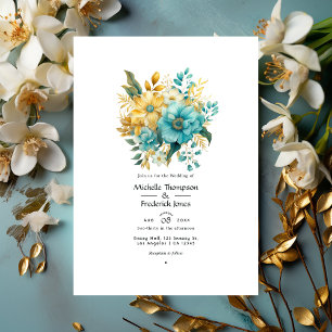 Convite Casamento Floral Turquesa e Dourado