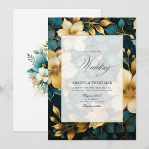 Convite Casamento Floral Turquesa e Dourado