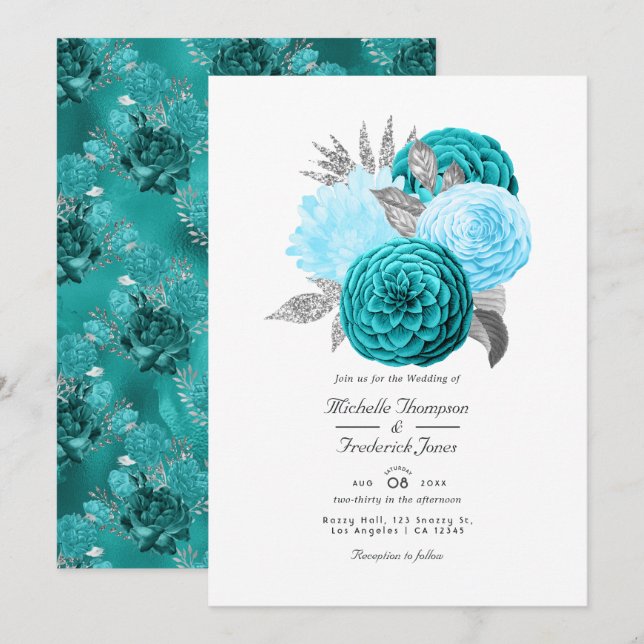 Convite Casamento Floral Turquesa e Prata (Frente/Verso)
