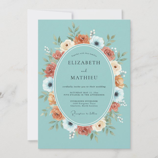 Convite Casamento Floral Turquesa em Flor (Frente)