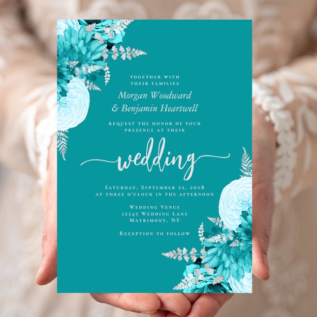 Convite Casamento Floral Turquesa Prata (Criador carregado)