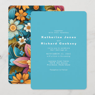 Convite Casamento Floral Turquesa Retro Contemporâneo
